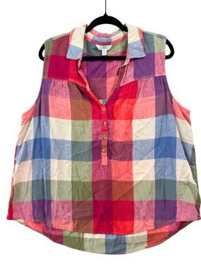Time and Tru Multicolor Plaid Sleeveless Henley Top